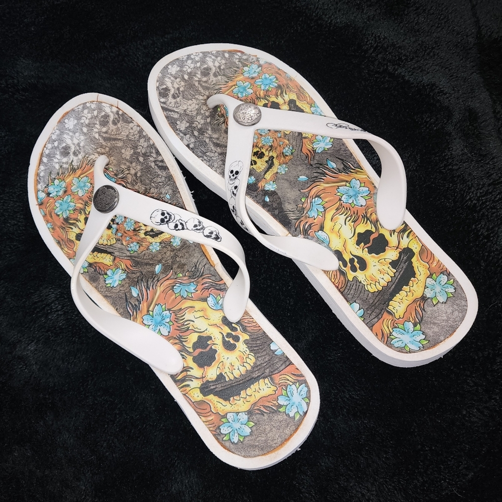 Vintage Ed Hardy white flip flop sandals mens size 11 / 12